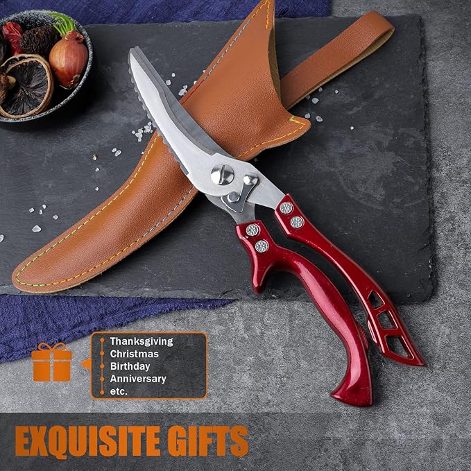 Poultry Shears, Red Heavy Duty Kitchen Shears with Serrated Edge, No Rust Spring Loaded, Multipurpose Stainless Steel Kitchen Scissors for Chicken Meat, Turkey, Fish