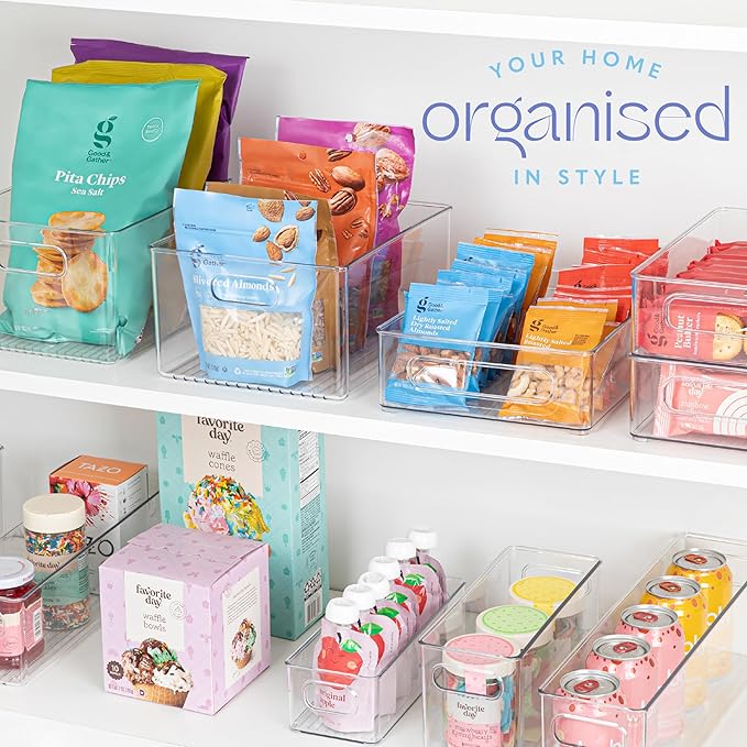 Plastic Food Storage 6 Pack Clear Container Bin with Handles for Organizing Kitchen, Pantry, Refrigerator, Freezer, Pantry, Cabinet, Closet, Bathroom 10”x8”x5”