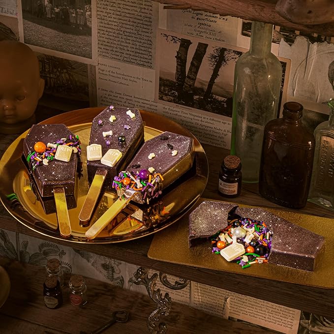 Fancy Sprinkles Limited Edition Halloween Elvira Coffin Cakesicle Mold, 4 Cavities Reusable Silicone, For Baking & Dessert Decorating, Includes 8 Dual-Sided Metallic Acrylic Sticks (10 ¼” x ⅞” x 6 ⅜”)