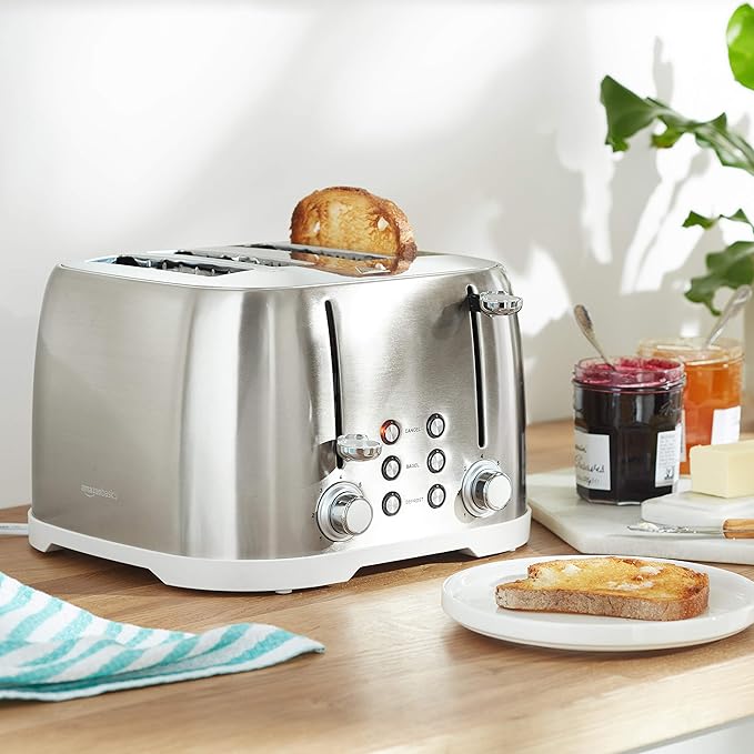 Amazon Basics 4 Slice Toaster with 6 Browning Settings, Removable Easy-to-Clean Crumb Tray, Cancel Button, 1600W, Brushed Silver