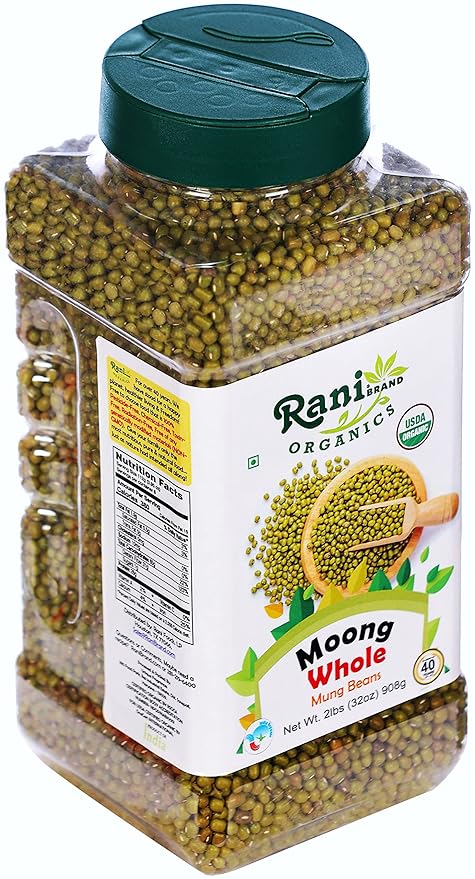 Rani Organic Moong Whole (Whole Mung Beans with Skin) Indian Lentils 32oz (2lbs) 908g PET Jar ~ All Natural | Vegan | Gluten Friendly | NON-GMO | Indian Origin | USDA Certified Organic