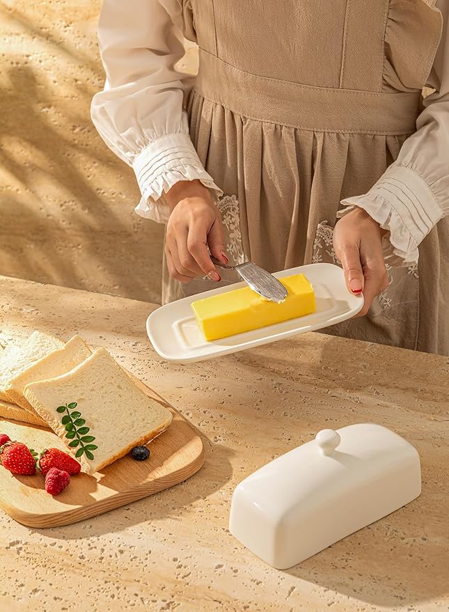 Sweese Butter Dish with Lid, Porcelain Butter Keeper, 7.8 Inch Butter Holder with Handle Cover, Butter Container Perfect for East West Coast Butter, White