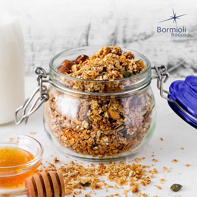 Bormioli Rocco Fido Glass Jars, Blue Lids – Serving & Entertaining Containers, Assorted Sizes - Airtight Clamp Canisters for Appetizers, Desserts, Snacks – Italian Glass, Dishwasher Safe (Set of 3)