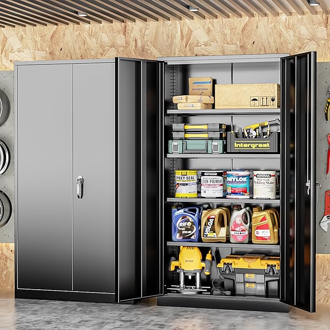 INTERGREAT Metal Storage Cabinets 72” Black Garage Steel Storage Cabinet with Doors and Shelves, Metal Tool Cabinet, Steel File Cabinet for Home Office, Basement, Warehouse, Classroom(Anti Tipping)