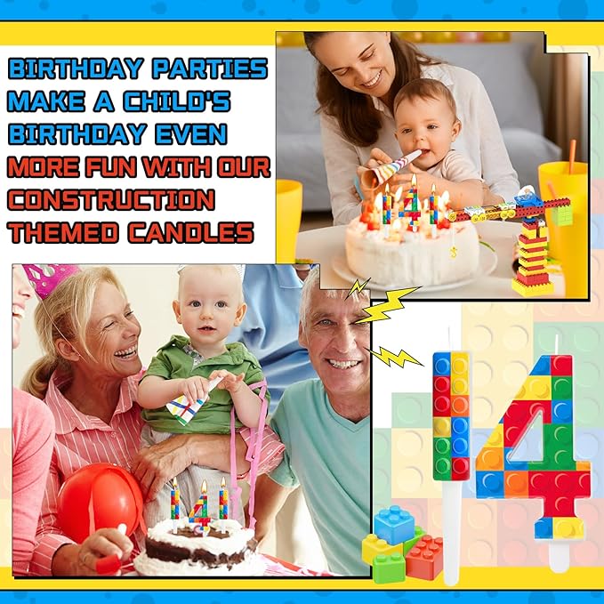 7 Pcs Building Block Themed Birthday Candles Set Building Blocks Number 4 Candle Cake Topper for Building Block Party Decoration Supplies (Number 4)