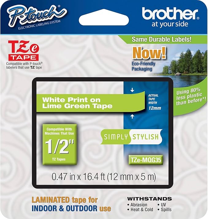 Brother Genuine P-Touch TZE-MQG35 Tape, 1/2" (0.47") Laminated White on Lime Green Water-Resistant 0.47" x 16.4 ft (24mm x 8mm), Single-Pack