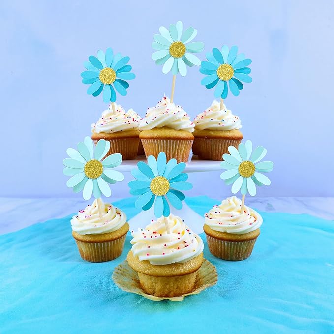 Ephlyn 24Pcs Daisy Cupcake Toppers Flower Cake Topper Decorations Daisy Cake Decorations Chrysanthemum Cupcake Toppers Spring Daisy Flower Cake Picks for Birthday Wedding Supplies Blue