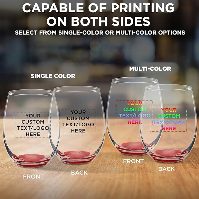 Custom Stemless Wine Glasses in Bulk by ARC Perfection, 15 oz, 10 pack, Personalized Text, Logo, Red or White Wine Glass Set, Red