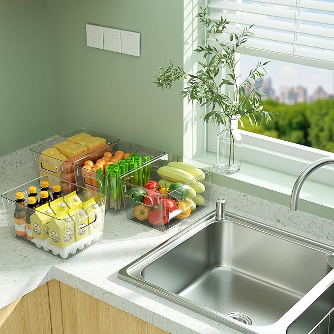 BALEINE Clear Plastic Storage Bins, Pantry Organization, BPA Free Stackable Refrigerator Organizers and Storage with Handles for Kitchen Fridge Cabinet Bathroom (8PK, 11x7.5x6)