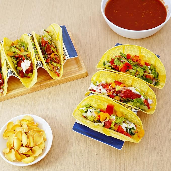 TP Taco Holder Stands, Set of 2 Melamine Large Taco Serving Rack Tray with Handle, Holds 3 Tacos, Dishwasher Safe, Ideal for Taco Night, Party, Home, Fiesta, Talavera Tile