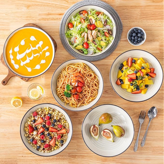 vancasso Bonbon Large Pasta Bowls Set of 6, 50 Oz Ceramic Salad Bowls, Wide and Shallow Bowls Set, Large Serving Bowls for Kitchen, Beige