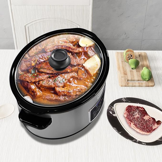 8-Quart Digital Programmable Slow Cooker with Timer - Small Kitchen Appliance for Family Dinners - Serves 10+ People - Heat Settings: Keep Warm, Low and High