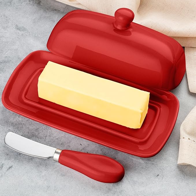Zulay Butter Dish With Lid For Countertop - Porcelain White, Ceramic Butter Dish with Knob Handle Great for Cooking - Elegant Design Butter Holder - Durable & Sturdy Butter Keeper - Red