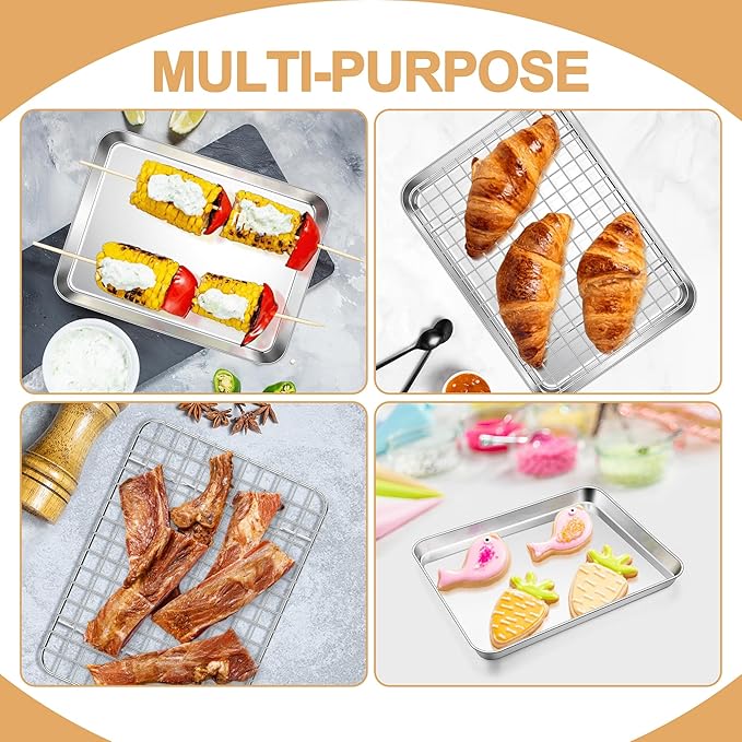 E-far Baking Sheet with Rack Set, 9.5” x 7.3” Stainless Steel Cookie Sheet Baking Pan for Toaster Oven, Mini Metal Tray with Cooling Wire Rack for Cooking Roasting, Non-toxic & Dishwasher Safe