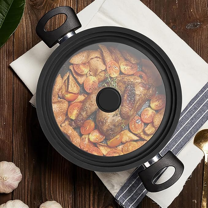 Universal Lid for Pots, Pans and Skillets Vented Tempered Glass with Heat Resistant Silicone Rim, Fits 8 inch, 8.5 inch, 9.5 inch Cookware, Replacement Lid, Black