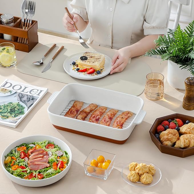 MALACASA Casserole Dishes for Oven with Roasting Racks, Ceramic Baking Dishes Set of 3, Baking Pan Casserole Dish Set, Rectangular Lasagna Pan Deep with Handles for Baking, Khaki White (14.5''/13''/10.5''), Series TARA