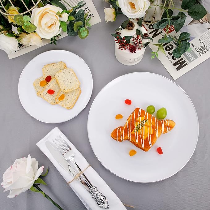 KIRE 100PCS Silver Plastic Plates - Heavy Duty White Disposable Plates with Silver Rim for Party/Wedding - Include 50Pcs 10.25inch Dinner Plates and 50Pcs 7.5inch Dessert Plates