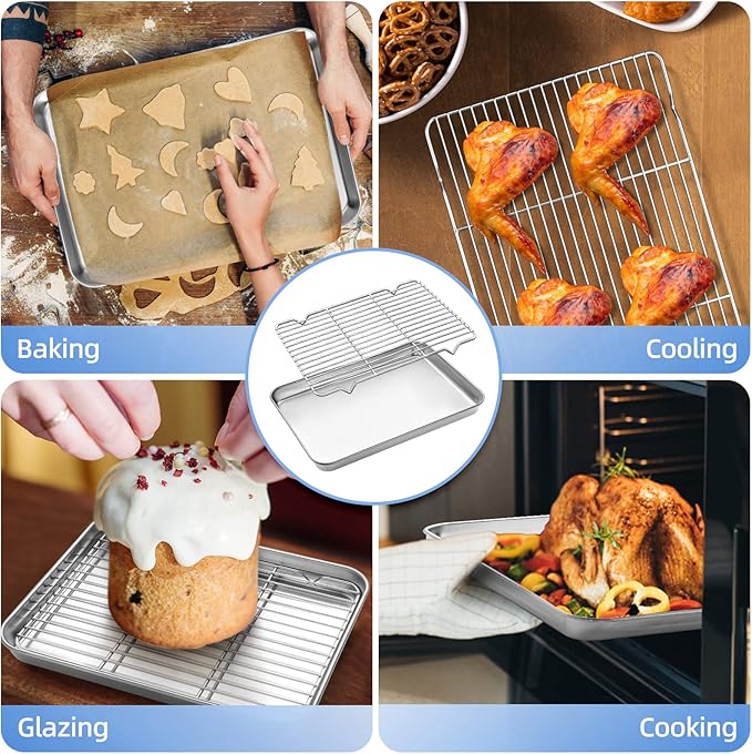 Baking Sheet with Cooling Rack (1 Cookie Sheet + 1 Baking Rack), Stainless Steel Small Baking Sheet Pan with Wire Rack, Toaster Oven Pans Size 10.4 x 8 x 1 Inch, Non-toxic & Heavy Duty & Non-stick