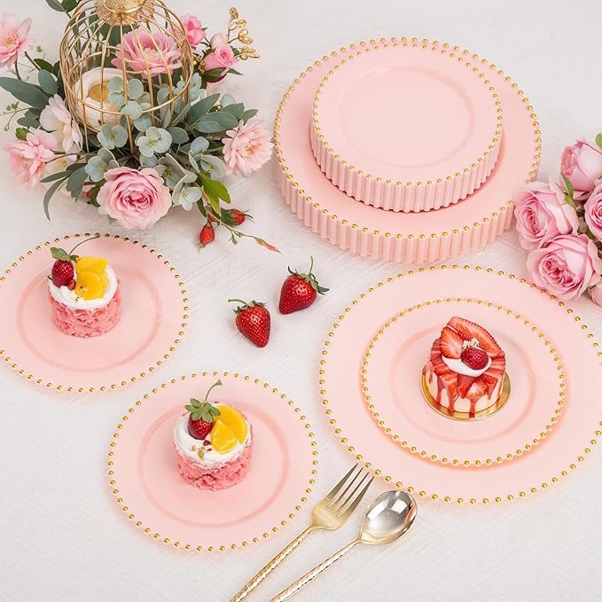 supernal 100pcs Pink Plastic Plates with Gold Beads Plates Disposable Heavy Duty Party Supplies Includes 10.25inch Dinner Plate and 7.5inch Dessert Disposable Plate for Party,Wedding,Bridal Showers