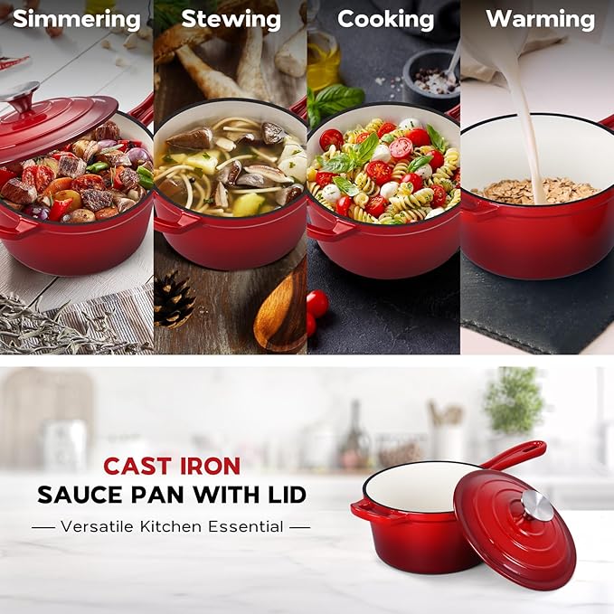 Enameled Cast Iron Sauce Pan, Onader 1QT Small Saucepan with Lid, Cast Iron Sauce Pot Enamel Dutch Oven, Nonstick & Heavy Duty – Red
