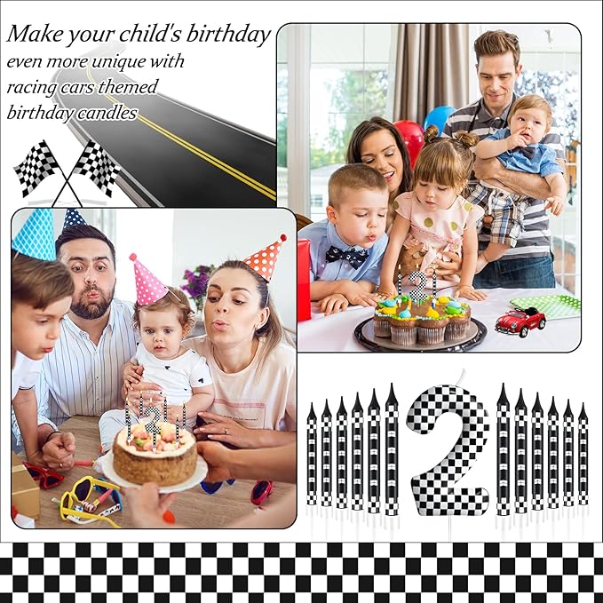 13 Pcs Racing Cars Themed Birthday Candles Black and White Race Number 2 Checkered Candle Cake Topper for Racing Car Party Decoration Supplies (Number 2)