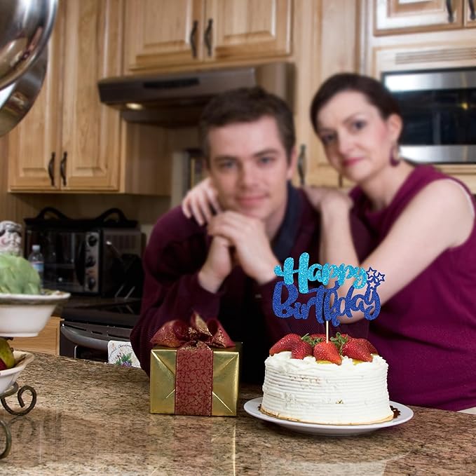 Ephlyn 1Pcs Happy Birthday Cake Topper Glitter Cake Pick for Celebrating Anniversary Theme Party Cake Decorations Supplies Blue