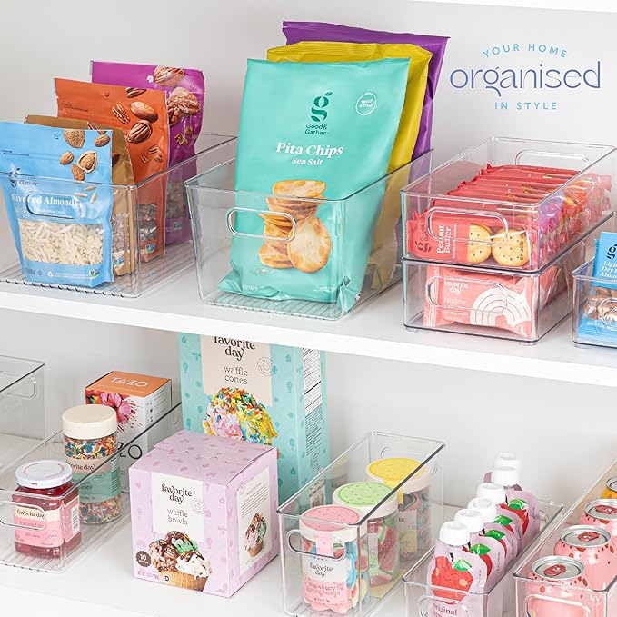 Plastic Food Storage Clear Container Bin with Handles for Organizing Kitchen, Pantry, Refrigerator, Freezer, Pantry, Cabinet, Closet, Bathroom. Stackable 10”x6”x3”