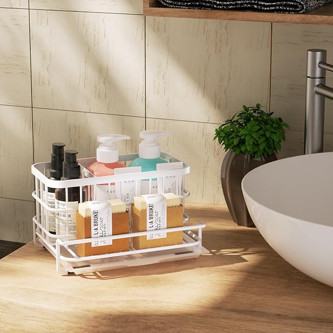 HapiRm Sink Caddy Sponge Holder - Kitchen Sink Organizer with Drain Tray, SUS304 Stainless Steel Rustproof Sponge Caddy Storage for Kitchen Countertop- White