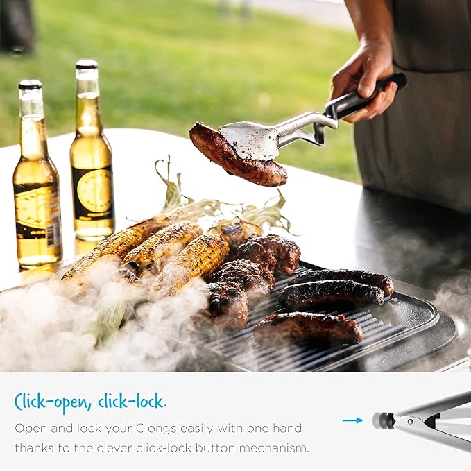 Dreamfarm BBQ Clongs Durable Barbecue Tongs with Click-Lock Open & Close, In-Built Sausage Prick & Cutter - 15" Stainless Steel