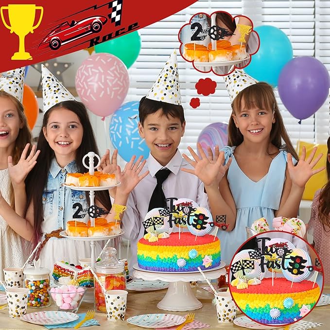 Gersoniel 49 Pack Two Fast Cake Toppers Cake Decoration Double Sided Trophy Flag Race Car Birthday Party Supplies