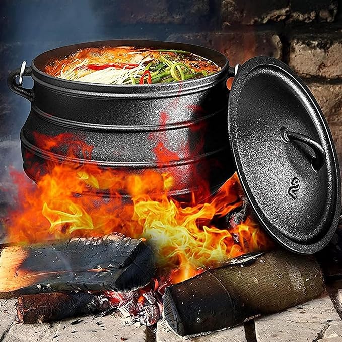 Bruntmor 8-Quart Pre-Seasoned Cast Iron Cauldron - African Potjie Pot with Lid - 3-Legged Pot for Even Heat Distribution - Outdoor Cast Iron Dutch Oven Cookware for Campfire Cooking and Boiling