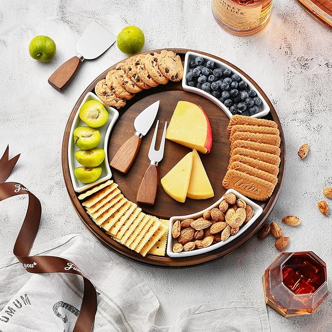Shanik Lazy Susan Table Top Cheeseboard- Acacia Wood Rotating Serving Platter for Cheese, Charcuterie, and Appetizers, Elegant Serving Tray for Snacks, Entertaining, Parties and Family Gatherings