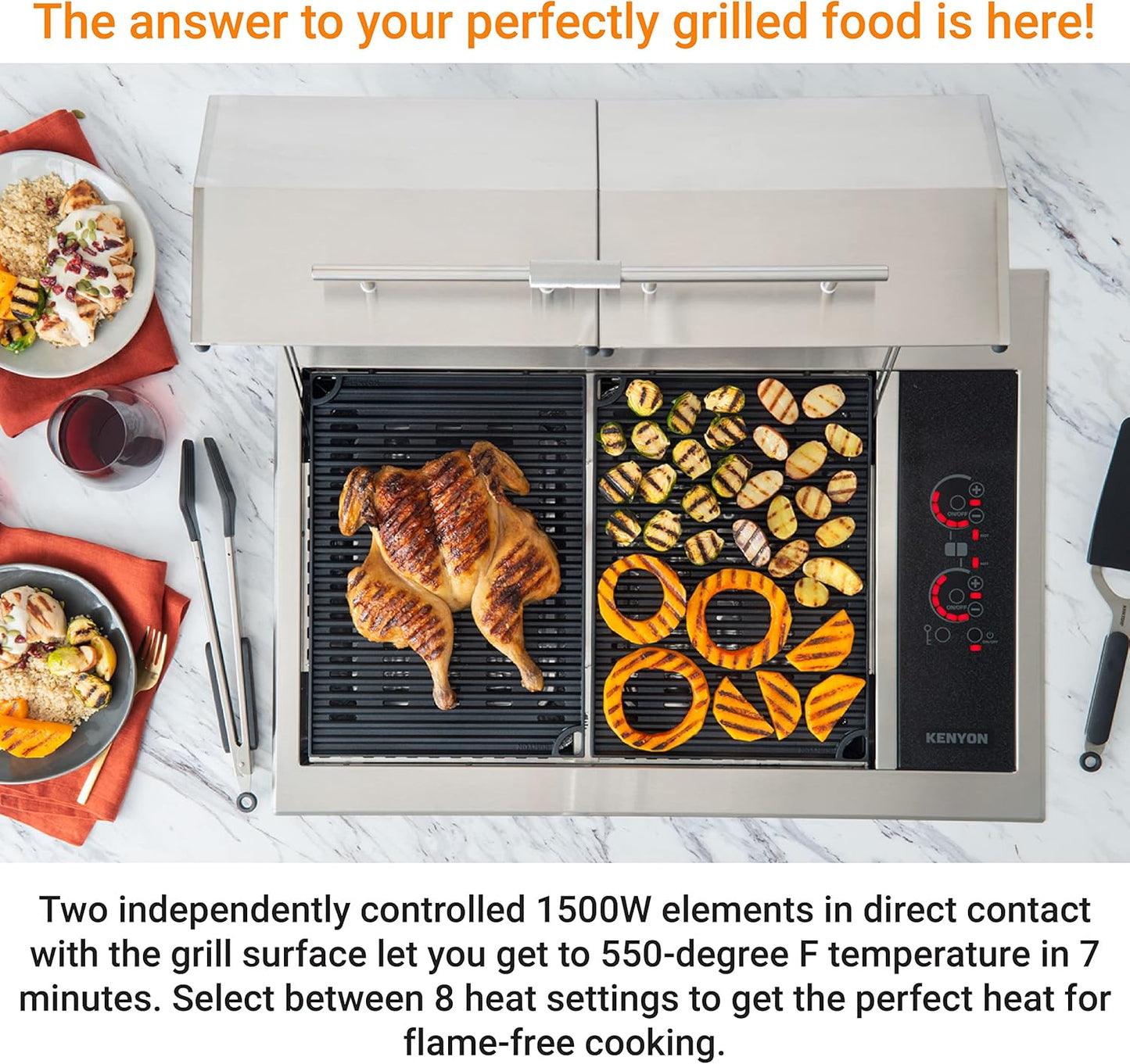 Kenyon Texan Built-In Electric Grill for Stone Counter, Standard Lite-Touch, Stainless Steel Grill with Split Lid for Indoor and Outdoor Use, 2 Burners, Quick Heat Up, Dishwasher Safe Grate, 240V