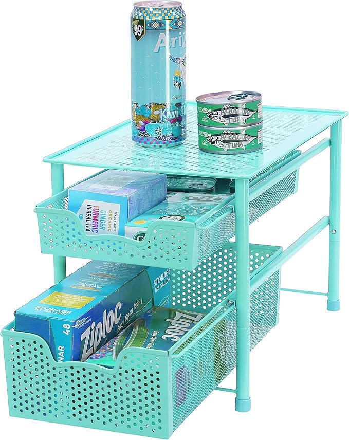 Simple Houseware Stackable 2 Tier Sliding Basket Organizer Drawer, Turquoise