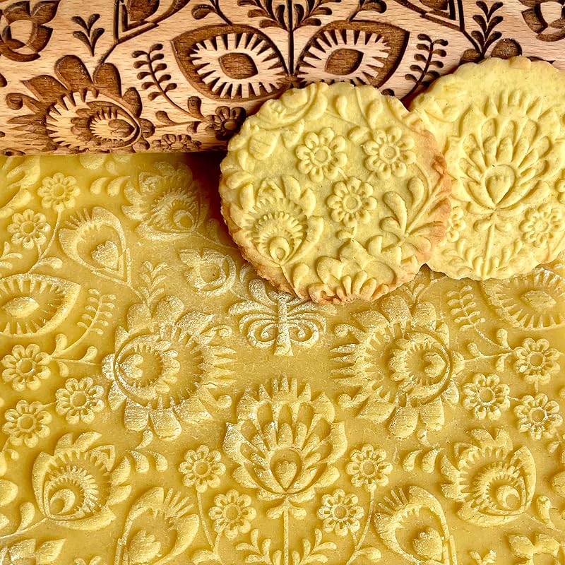 FOLK Embossed Rolling Pin. Wooden Embossing Rolling Pin With Folksy Flowers for Pottery and Cookies by Algis Crafts