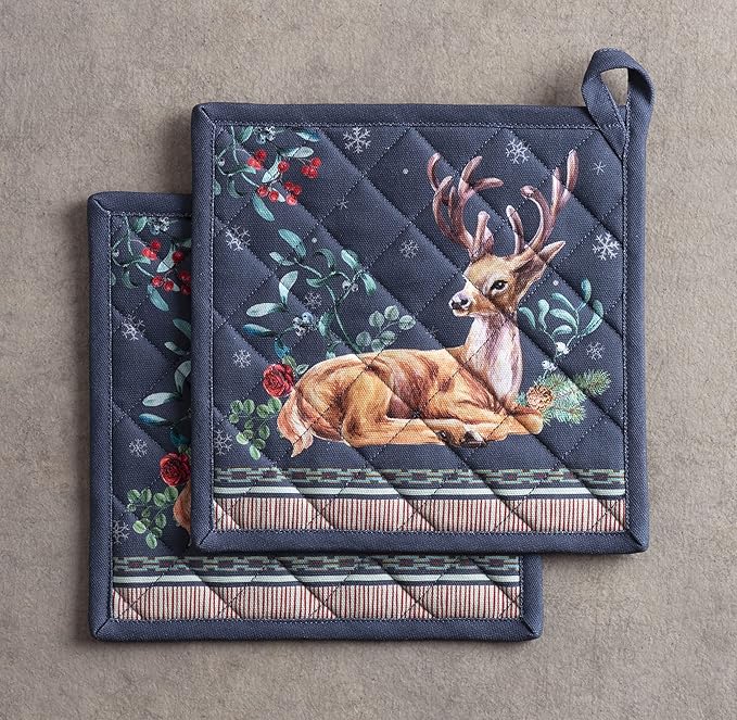 Maison d' Hermine Pot Holders Set 100% Cotton Heat Resistant Potholders 8" x 8" Hot Pads with Loop BBQ, Cooking, Baking, Grilling, Kitchen, Handling Hot Pans (Pack of 2, Christmas Joy)