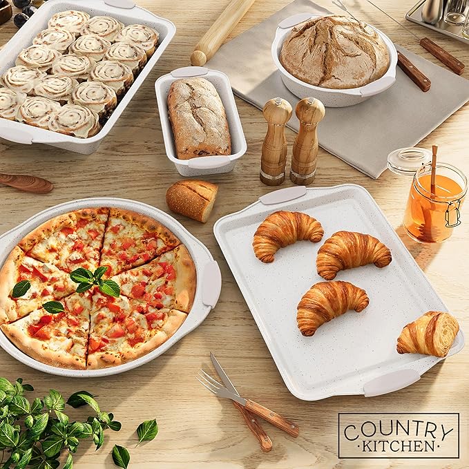 Country Kitchen Nonstick Stackable Bakeware Set - Heavy Duty, Durable, Easy Release Baking Set, Cream, 10 Pcs