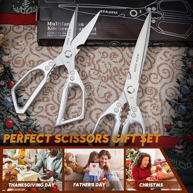 HUUSK Kitchen Scissors Set Silver - Upgraded Stainless Steel Kitchen Shear, Sharp Meat Scissors Dishwasher Safe, Heavy Duty Poultry Shears, Japanese Cooking Scissor for Food, Chicken Bones, and Turkey