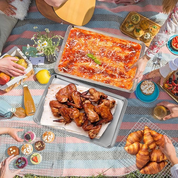 P&P CHEF 17.5 Inch Baking Sheet and Rack Set, Stainless Steel Cookie Sheets Oven Baking Pans Trays with Cooling Racks for Cooking & Roasting, Oven & Dishwasher Safe, (4Pcs)