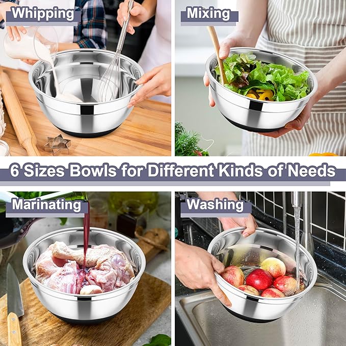 TeamFar Mixing Bowls, Stainless Steel Nesting Salad Bowl with Lids & 3 Graters, For Kitchen Cooking Serving Prepping, Airtight & Non-Slip, Size 4.6/3.5/2/1.5/1/0.7 QT, Set of 5 & Black
