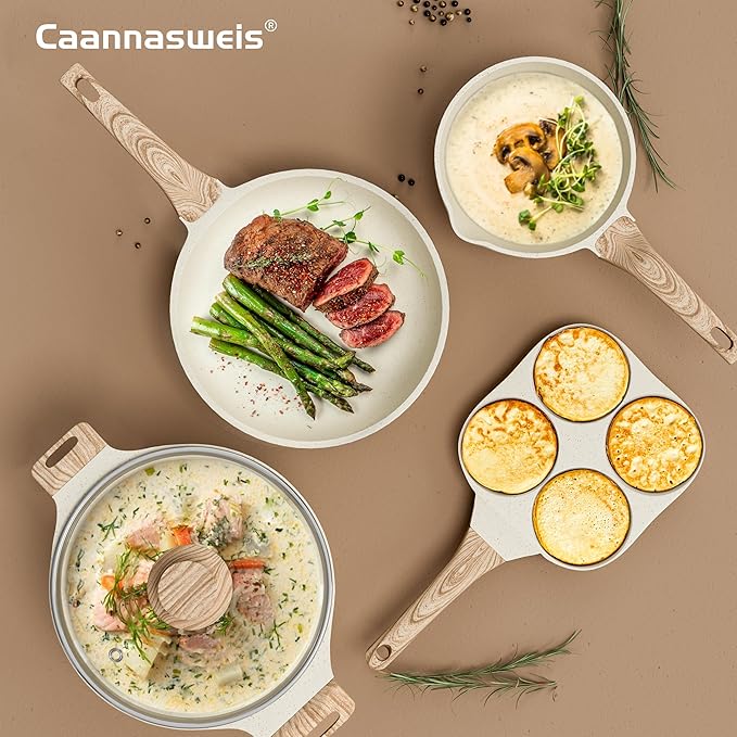 Caannasweis 20Pcs Cookware Sets, Nonstick Pots and Pans Set, Granite Induction Cookware, Non Stick Kitchen Cooking Set, Cream White Egg Pan Set, PFOS PFOA Free