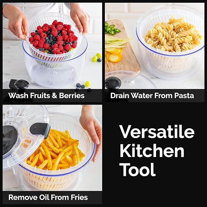 Joined Salad Spinner with Storage Lid, Drain, Bowl, and Colander - Quick and Easy Multi-Use Lettuce Spinner, Vegetable Dryer, Fruit Washer, Pasta and Fries Spinner - 3.7 Qt