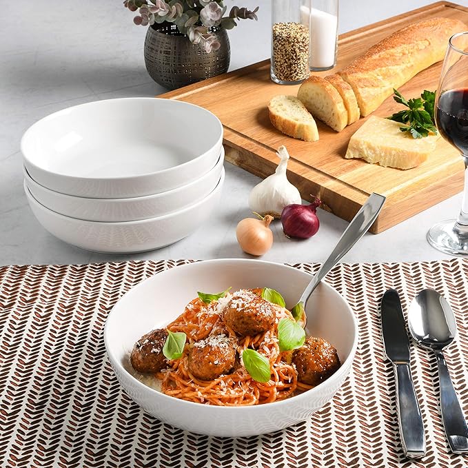 Gibson Home Zen Buffet 4-Piece 41oz Salad Bowls Porcelain Ceramic Chip and Scratch Resistant Pasta Bowl, Serving Bowls, Soup Bowls Set, Large Capacity, Dishwasher & Microwave Safe White