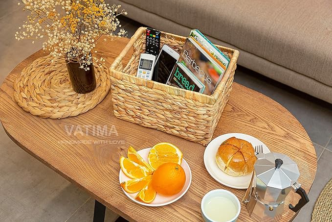 Large Wicker Basket Rectangular with Wooden Handles for Shelves, Water Hyacinth Basket Storage, Natural Baskets for Organizing, Wicker Baskets for Storage 14.5 x 10.3 x 7.5 inches - 3 Pack