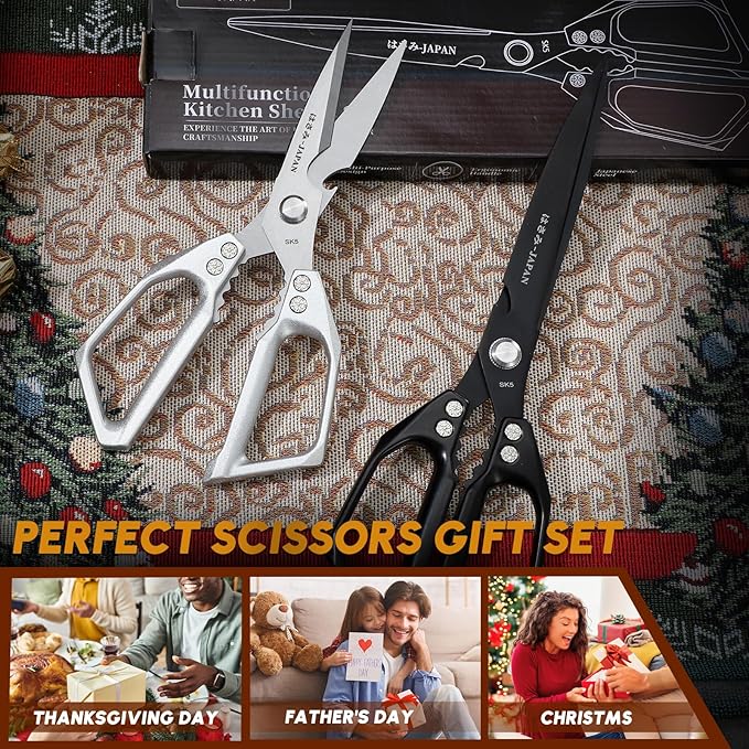 HUUSK Kitchen Shears Set Upgraded - Stainless Steel Kitchen Scissors, Sharp Meat Scissors, Heavy Duty Poultry Shear, Japanese Cooking Scissor for Food, Chicken Bones, and Turkey - Dishwasher Safe