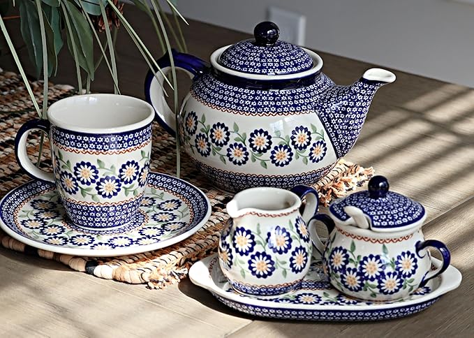 Blue Rose Polish Pottery Peach Blossom Sugar & Creamer Set with Tray