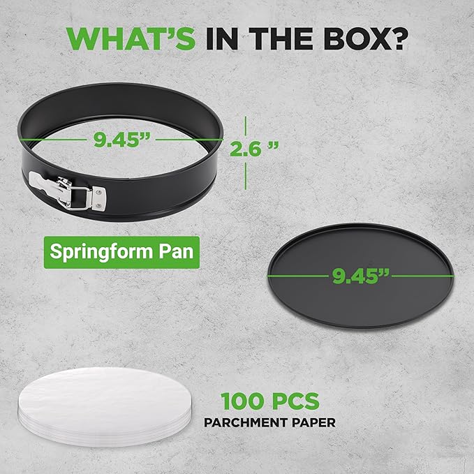 NutriChef 9 Inch Nonstick Cheesecake Springform Cake Pan | Stainless Steel Clasp & Removable Bottom | Durable Carbon Steel Cheesecake Pan | Easy to Clean | Includes 100 Parchment Papers | Black