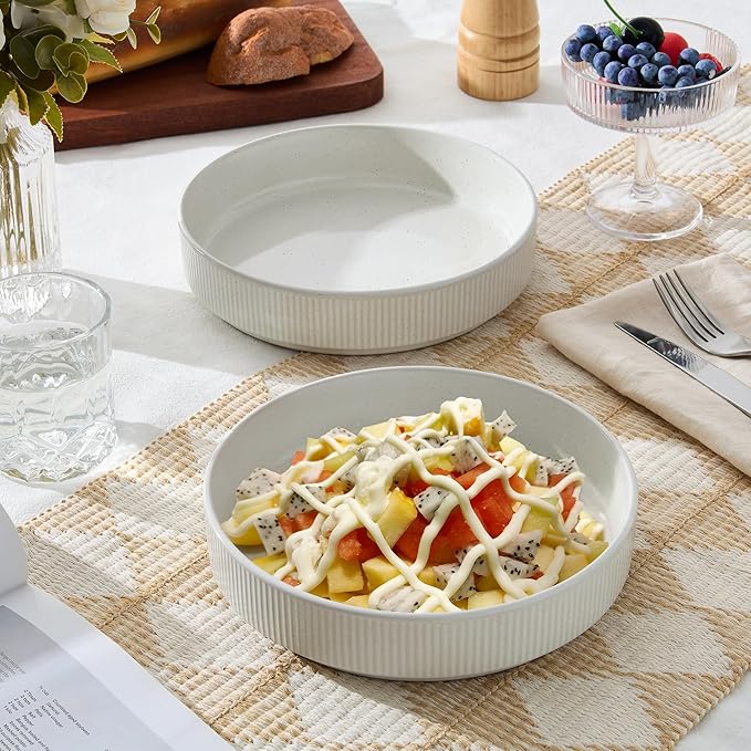 E-far Pasta Bowls Set of 4, 35oz Large Salad Bowl Plate for Dinner Serving Soup, Wide & Shallow Ceramic Stoneware Pasta Plates, Microwave & Dishwasher Safe, Textured Stripes & Speckled White, 8”