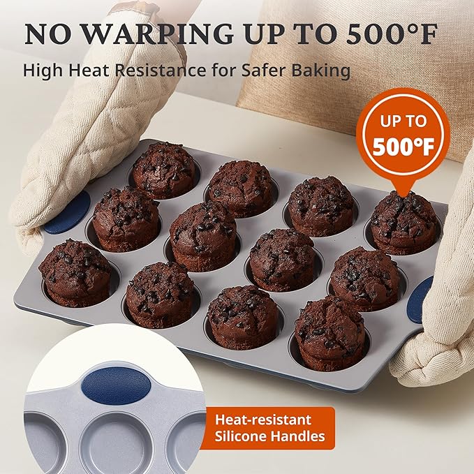 BRONYPRO Ceramic Muffin Pan, 12-Cup Nonstick Aluminized Steel Cupcake Pans, Healthy Non-Toxic Ceramic Coating Muffin tin, 2 Pack Cup Cake Pans for Baking Blue