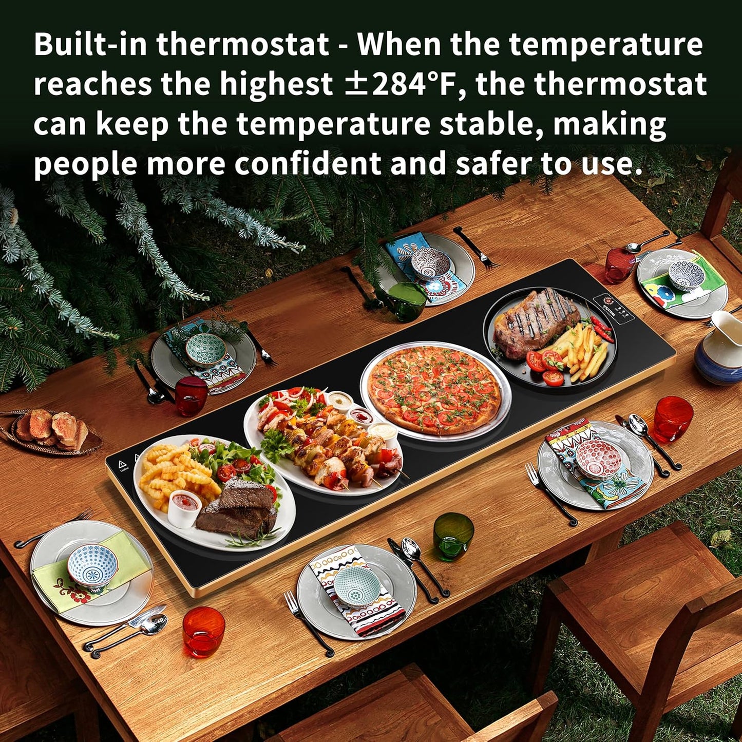 Electric Warming Tray(Extra Long 40”x12”),Food Warmer with Thermostat and Full Surface Heating,Food Warming Mat with 2 Temperature Modes for Parties Buffet,Gatherings,Gold Edge Warming Mat for Food